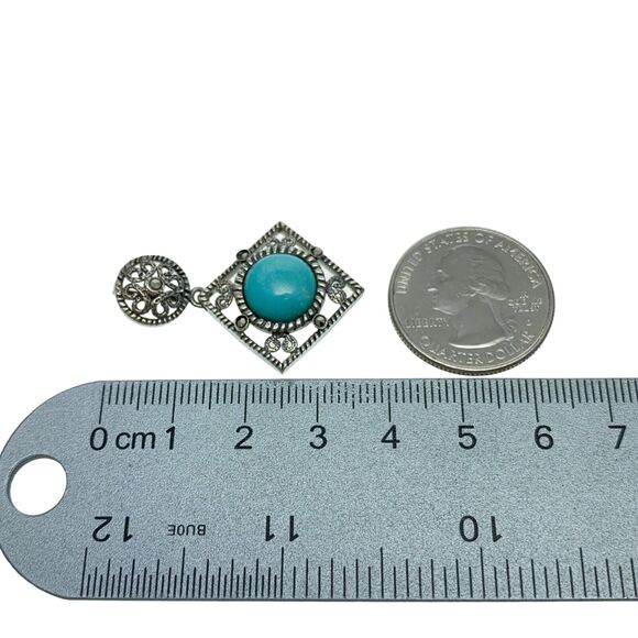 Vintage RC Sterling Silver 925 Ornate Blue Persian Turquoise Marcasite Pendant - Picture 4 of 4